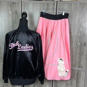 Grease Pink ladies satin jacket matching pink felt poodle skirt women  8 to 10